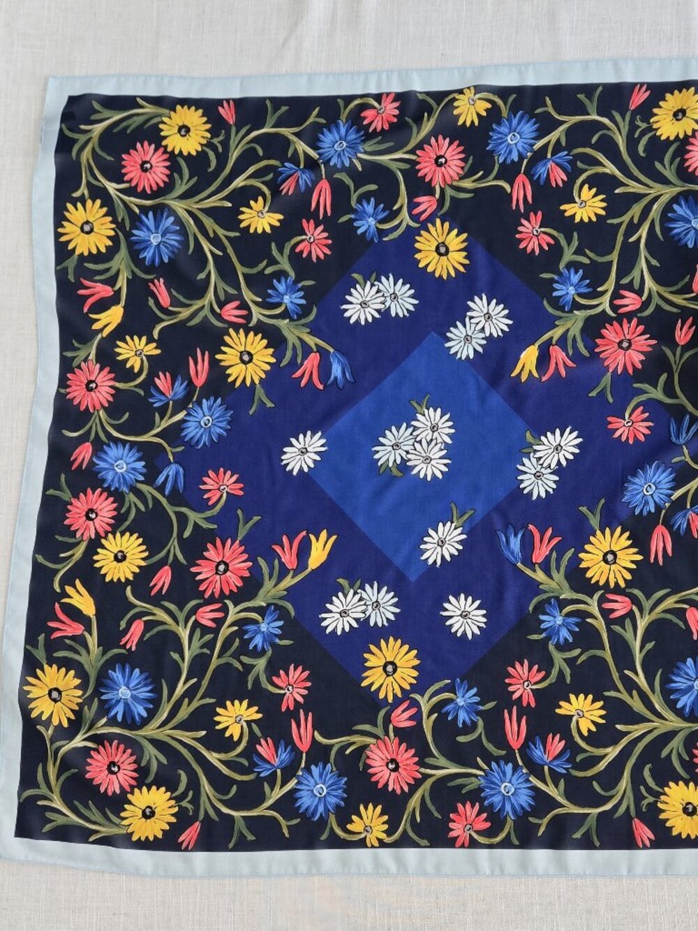 Ann Taylor Factory Square ~34" Scarf Floral Print on Blue with Baby Blue Border